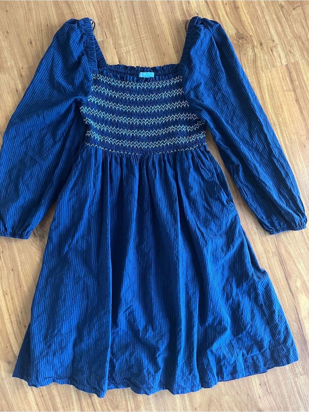 Women’s Blue Smocked Long-Sleeve Dress with pockets